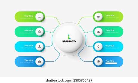 Flow chart infographic slide. Concept of business project visualization with 8 options. Infochart design template