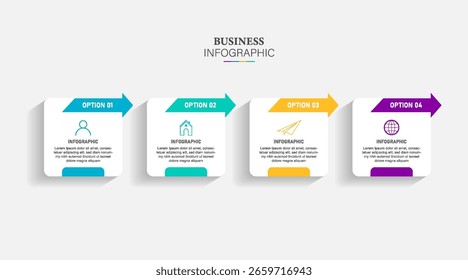 Plantilla de infografía de diagrama de flujo 4 opciones de número. Infografía de línea de tiempo para presentación, diseño