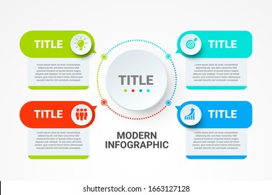 Flow chart with main circle and 4 abstract steps elements. Modern infographic design template. Creative concept of four stages of business project.