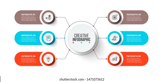 Flow chart with main circle and 6 abstract elements. Modern infographic design template. Creative concept of six stages of business project.