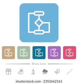 Flow chart outline white flat icons on color rounded square backgrounds. 6 bonus icons included