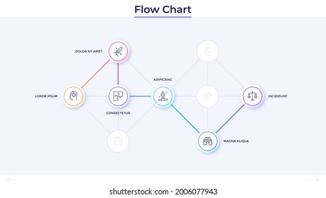 Flow chart with six circular elements connected by lines. Concept of 6 stages of strategic business planning. Minimal infographic design template. Modern flat vector illustration for presentation.