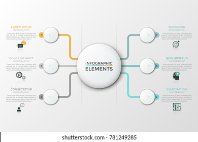 Flow chart with white central round element connected with 6 circles, thin line icons and text boxes. Six features of service provided by company. Modern vector illustration for website, presentation.