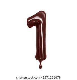 Flow chocolate number 1 for choco font or candy type and sweet typeface, realistic vector. Chocolate number One 1 with liquid flow drop or drip for dessert font or candy and type of choco syrup