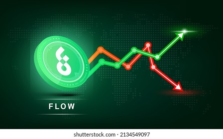 Moneda verde flotante. Símbolo de criptodivisa con gráfico de inversión en bolsa verde y rojo. Icono de moneda en fondo oscuro. Concepto de negocios de tendencias económicas. Ilustración vectorial 3D.