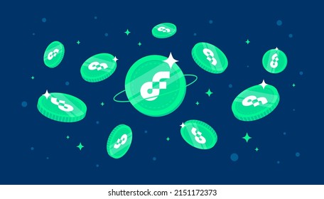 Flow coins falling from the sky. Flow cryptocurrency concept banner background.