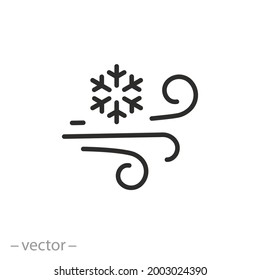 Icono de viento frío de flujo, aire fresco del acondicionador, copo de nieve con líneas giratorias, congelante, ilustración vectorial de línea delgada eps10