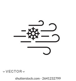 flow cold wind icon, snowflake with swirl lines, cool air of conditioner concept, thin line symbol isolated on white background, editable stroke eps 10 vector illustration