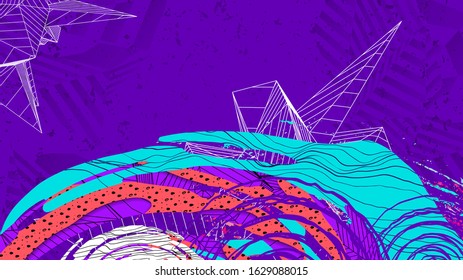 Flow of colorful splashes texture by waves, linear 3d polygonal, handmade patterns and textures. Trendy material shapes on violet background. Liquid concept. Abstract vector illustration.