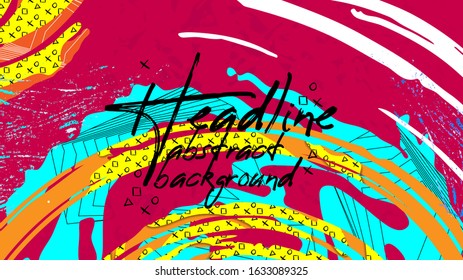 Flow of colorful splashes texture by waves, linear polygonal layer, handmade patterns and textures. Trendy material shapes on pink background. Abstract vector illustration. Liquid concept