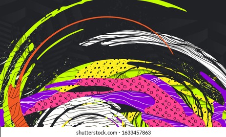 Flow of colorful splashes texture by waves, linear 3d polygonal, handmade patterns and textures, Material shapes on dark background, Liquid concept, Abstract vector illustration, Cartoo papercut