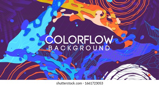 Flow of colorful splashes texture by waves, linear 3d polygonal, handmade patterns and textures, Material shapes on dark background, Liquid concept, Abstract vector illustration, Cartoo papercut