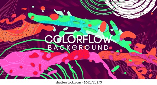 Flow of colorful splashes texture by waves, linear 3d polygonal, handmade patterns and textures, Material shapes on dark background, Liquid concept, Abstract vector illustration, Cartoo papercut