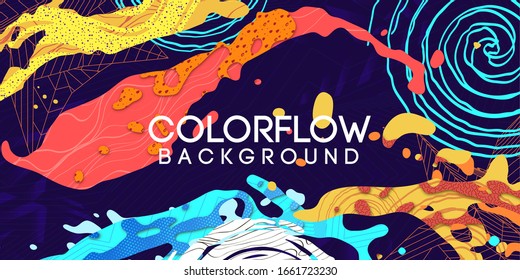 Flow of colorful splashes texture by waves, linear 3d polygonal, handmade patterns and textures, Material shapes on dark background, Liquid concept, Abstract vector illustration, Cartoo papercut