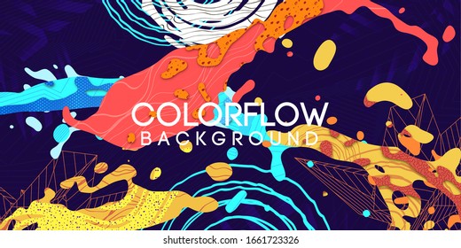 Flow of colorful splashes texture by waves, linear 3d polygonal, handmade patterns and textures, Material shapes on dark background, Liquid concept, Abstract vector illustration, Cartoo papercut