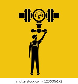 Flow control black icon. Vector illustration flat design. Isolated on yellow background. Silhouette man working standing on the pipeline opening the valve. Oil and gas operations.