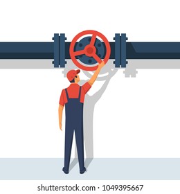 Flow control. Vector illustration flat design. Isolated on white background. Man working standing on the pipeline opening the valve. Oil and gas operations.