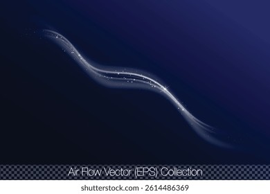 Flow of cooled air with white elements of cold glow, vector (EPS) isolated illustration on transparent background. Wind, air flow, conditioned air, air ventilation and climatic comfort