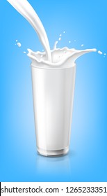 flow cow milk crown splash closeup cup glass blue background vector illustration