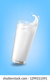 Flow Cow Milk Crown Splash Closeup Cup Glass Blue Background Vector Illustration