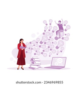 The flow of creative ideas, inspiration, and insight concepts. Woman holding a book with her excellent imagination. Trend Modern vector flat illustration