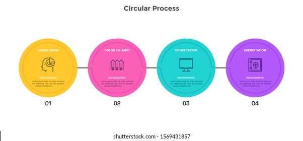 Flow diagram with 4 connected colorful round elements. Concept of four steps of strategic plan. Minimal infographic design template. Modern flat vector illustration for banner, business analytics.