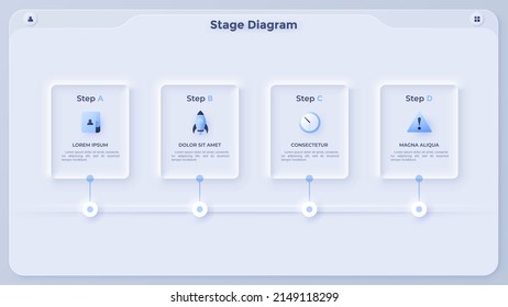 Flow diagram with four paper white rectangular elements placed in horizontal row and connected. Concept of 4 steps of startup launch. Infographic design template. Neumorphic vector illustration.