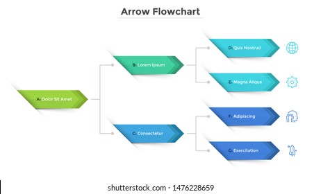 Flow diagram or workflow chart with connected colorful ribbon-like elements. Modern scheme representing development process. Simple infographic design template. Vector illustration for presentation.