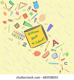 Flow of Falling School Stuff  with a Slanting Rain on the Background and Place for Text on the Central Book. September 1 Vector Illustration.
