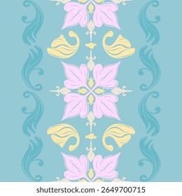 Flow and Fly Floral Petal Pattern Border Intricate Silk Weaves on Pastel Tones Pink Yellow Blue Seamless Design. Elegance Adorable Sweet Dream Scroll Ornament Haute Couture For Fabrics Embroidery Lace