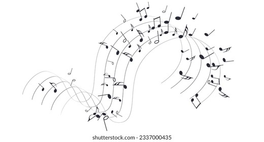 Flow of flying black notes on stave. Musical symbols for banner of festival, print design, melody recording, design back layers. Template musical notation symphony signs, notes for sound tune music