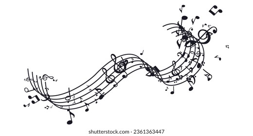 Flow of flying black notes on stave. Musical symbols for banner of festival, print design, melody recording, design back layers. Template musical notation symphony signs, notes for sound tune music