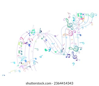 Flow of flying color notes on stave. Musical symbols for banner of festival, print design, melody recording, design back layers. Template musical notation symphony signs, notes for sound tune music
