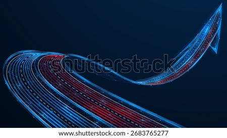 The flow of the future. The road turns into an arrow pointing upwards. The red and blue lines create the effect of movement and speed. Polygonal design, blue background.