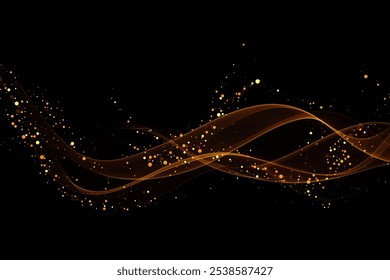 Flow of gold abstract wave with glitter effect on black background.