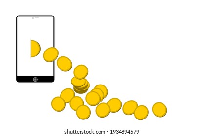 Flow of gold coins from white screen blank smart phone on white background. Cashback of money from online shop or winning the game concepts.