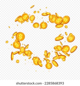 Flow Gold Dollar Vector Transparent Background. Shiny Currency Casino Brochure. Golden Coin Flyer. Cartoon Confetti Design.