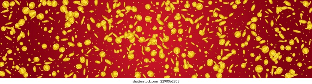 Flow Gold Finance Vector Red Panoramic Background. Metal Dollar Business Certificate. Golden Money Card. Paper Confetti Banner.
