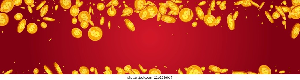 Flow Golden Coin Vector Red Panoramic Background. Shiny Jackpot Fly Magazine. Gold Cash Brochure. Paper Confetti Poster.