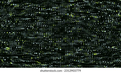 Flow of green shimmering particles. Glowing dynamic halftone sound wave. Vector Illustration.