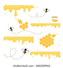 The flow of honey from the honeycomb with bees and different liquid flow.vector illustration and icon