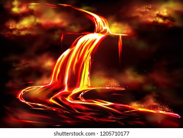 Flow of hot fluid lava, clouds of poisonous smoke and ash, toxic gases explosions during volcano effusive eruption, tectonic activity realistic vector illustration. Natural disaster, geothermal energy