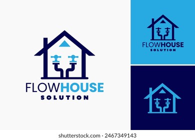 Flow House Plumbing Solution logo. Fluid pipes encircling a house, representing seamless plumbing solutions. Ideal for plumbing companies offering comprehensive services.