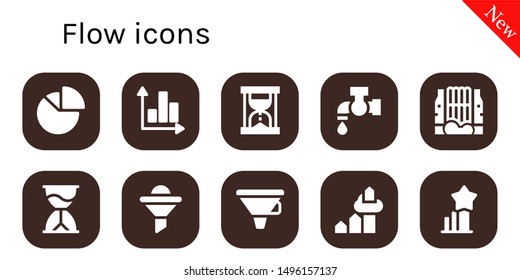 flow icon set. 10 filled flow icons.  Collection Of - Chart, Graph, Hourglass, Tap, Waterfall, Funnel, Stats