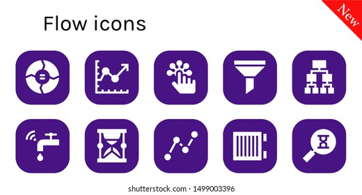 flow icon set. 10 filled flow icons.  Simple modern icons about  - Graph, Line chart, Tap, Funnel, Structure, Faucet, Hourglass, Stats, Heater, Sandclock