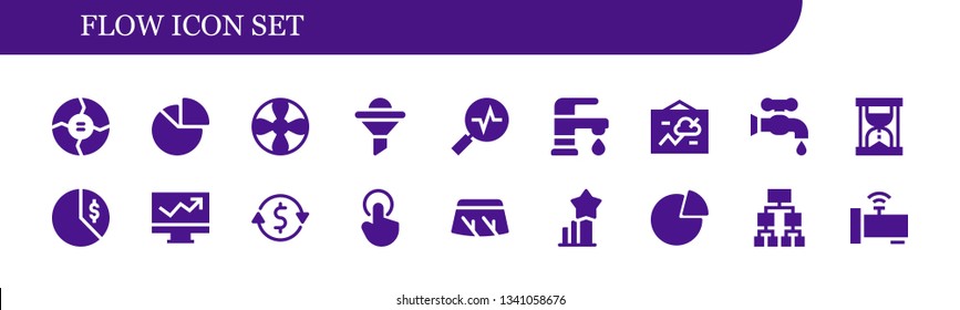 flow icon set. 18 filled flow icons.  Collection Of - Graph, Chart, Propeller, Funnel, Stats, Faucet, Hourglass, Line chart, Currency exchange, Tap, Windshield, Structure