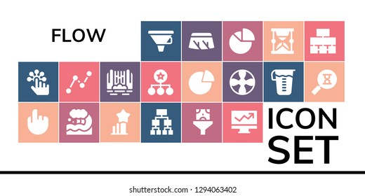  flow icon set. 19 filled flow icons. Simple modern icons about  - Funnel, Tap, Wave, Stats, Structure, Line chart, Waterfall, Diagram, Graph, Propeller, Measuring glass, Sandclock