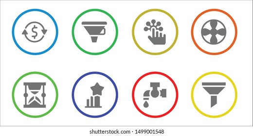 flow icon set. 8 filled flow icons.  Simple modern icons about  - Currency exchange, Hourglass, Funnel, Stats, Tap, Propeller