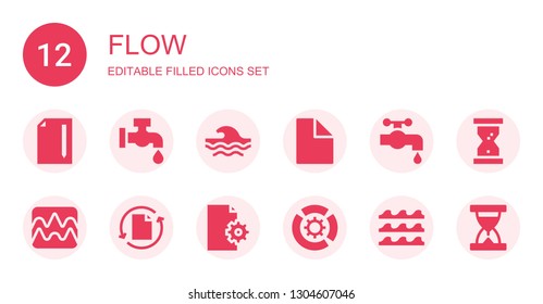 flow icon set. Collection of 12 filled flow icons included File, Faucet, Wave, Water tap, Graph, Diagram, Waves, Hourglass, Sand clock