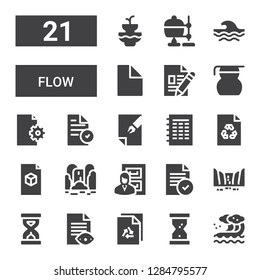 flow icon set. Collection of 21 filled flow icons included Wave, Hourglass, File, Sandclock, Waterfall, Files, Measuring glass, Crucible, Fountain